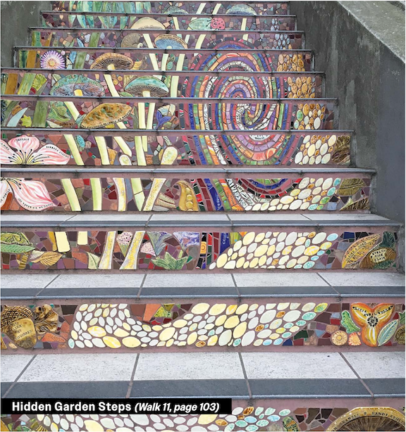 close up of Hidden Garden Steps, a mosaic tiled stairway